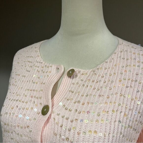 Button down sequin pale baby pink cardigan size medium - Picture 2 of 14
